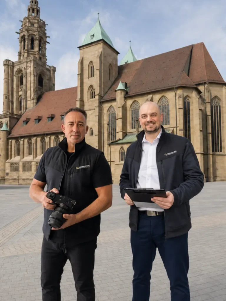 Vitalij Dietz und Andreas Weigandt vom GD Ingenieurbüro am Kiliansplatz vor der Kilianskirche in Heilbronn