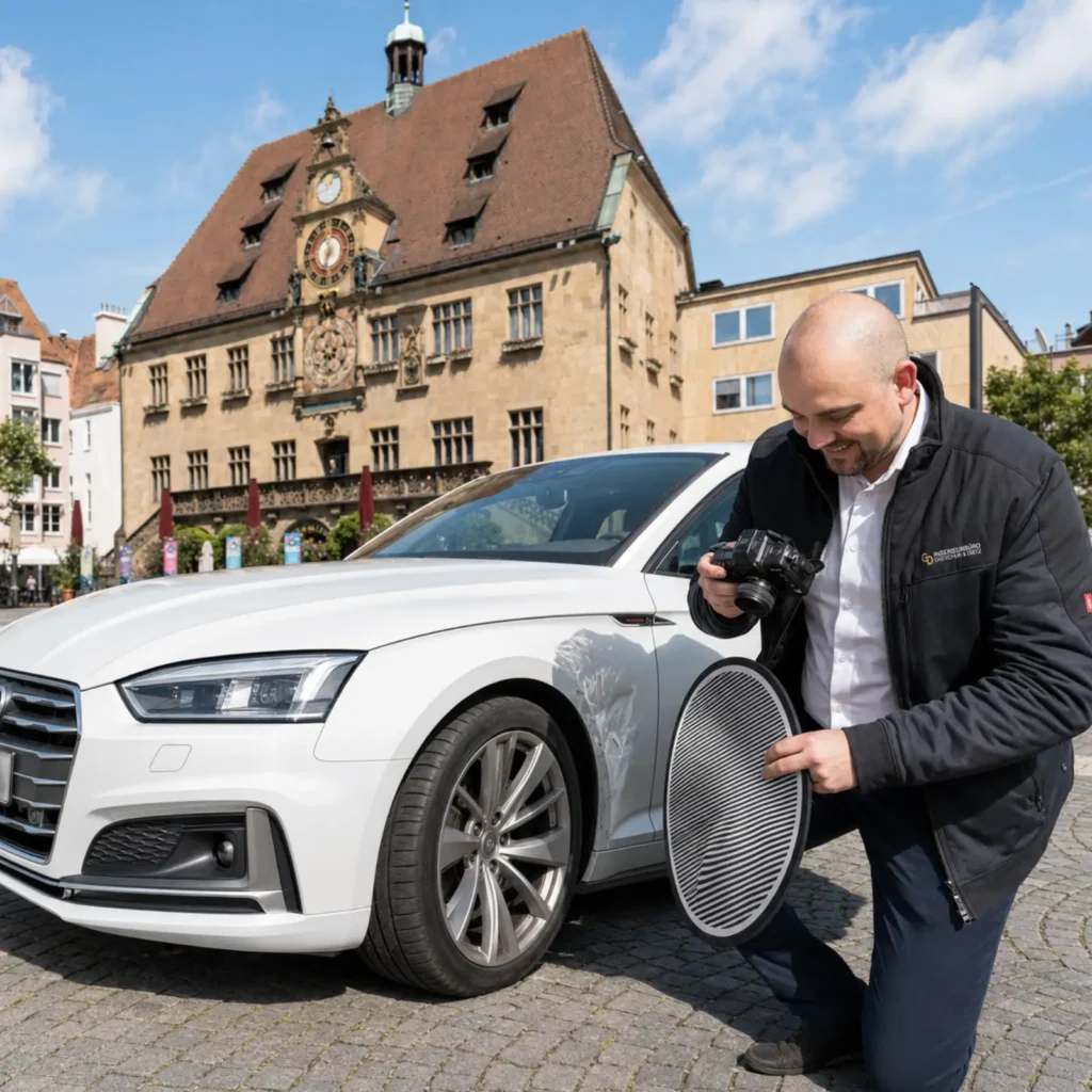 GD Ingenieurbüro dokumentiert einen Fahrzeugschaden in Heilbronn vor dem Rathaus direkt vor Ort