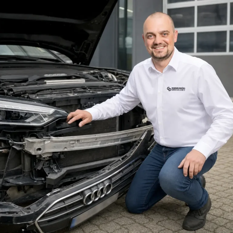 GD Ingenieurbüro prüft einen Frontschaden an einem Audi für ein KFZ Gutachten in Schnelldorf